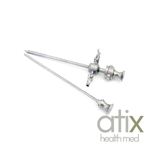 ATAC 5.8 mm high-flow cannula with double key, Snap-In T-Latch locking mechanism. Blunt tip obturator and trocar. Compatible with Karl Storz.